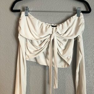 White Bow Tie Off The Shoulder Long Sleeve Crop